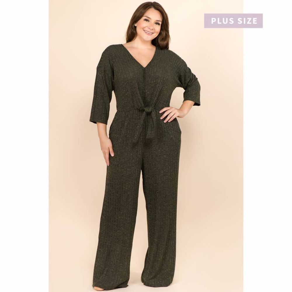PLUS SIZE COZY SOFT KNITS TIE FRONT JUMPSUIT